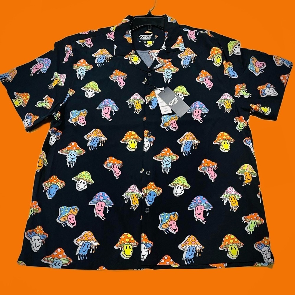 Fresh Prints of Bel Air Mushroom Button Up Shirt XL NWT Black Psychedelic